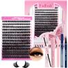 Fadlash Kit d'extension de cils DIY - 0.07D Curl Mix 8-16mm 100D Fluffy Wispy, cils clusters individuels avec colle et scellant, set de cils avec dissolvant et pinces, avec eyeliner bleu