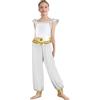 YEAHDOR Costume Odalisca Araba Danzatrice del Ventre Bambina Abito da Ballo Indiano Arabo Vestito Principessa Jumpsuit con Pantaloni Tulle Costume Halloween Bianco 11-12 anni