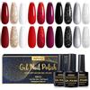 INPING Smalto Semipermante Rosso, 10 Colori Rosso Nero Oro Scintillante Rosso profondo Set Di Bianco Grigio Argento per Halloween natale