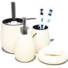 BM 4005 Set di Accessori da Bagno in Ceramica Superficie Strutturato Pois Bianco Latte, Set Accessori Bagno Completo 4 Pezzi, Dispenser, Portaspazzolino, Portasaponetta, Portascopino