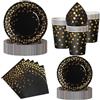 Nkaiso 50Pcs Nero Oro Stoviglie per Feste di Compleanno-10 Ospiti | 10 x 23cm & 10 x 18cm Piatti Carta Usa e Getta Eleganti, 10 Bicchieri, 20 Tovaglioli - per Festività Feste Decorazioni