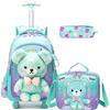 HTgroce Zaino Trolley Scuola Elementare Bambina Orso - Set 3 Pezzi con Borsa Per La Merenda e Astuccio - Zainetto con Ruote Ergonomico per Scuola e Viaggio