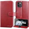 Lensun Custodia per iPhone 11 Pro Max, Cover in Vera Pelle [RFID Blocking] Libro con Portafoglio Chiusura Magnetico Flip Custodie Cuoio per Telefono iPhone 11 Pro Max - Vino Rosso
