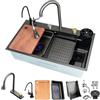 HZKSINNK 75x45cm Lavello da cascata nero, multifunzionale Lavello Cucina 1 Vasca in Acciaio Inox, con Rubinetto Estraibile, sifone e Set di Drenaggio, e vari accessor, lavello domestico set
