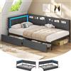 KIMENICH Divano letto imbottito 90 x 190 con illuminazione a LED, 6 sacchetti di stoffa, stazione di ricarica, letto per ragazzi con 2 cassetti e rete a doghe in metallo, testiera imbottita, grigio
