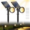 PORFOYO Set di 2 faretti solari da giardino, luci solari da giardino, luci solari a LED, luce bianca calda, con picchetto di terra, impermeabili, Ip65, per giardini esterni