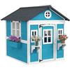 Outsunny Casetta in Legno per Bambini 3-8 Anni, Casetta da Giardino per Bambini con Finestre, Tetto Inclinato, Vasi e Fioriere, Blu