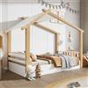 Idemon Lettini in legno, letto singolo, design squisito casetta in legno, doghe robuste, design semplice, pino + truciolato + MDF, bianco + naturale, 90 x 200 cm