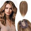 Silk-co Topper Capelli Veri Protesi Clip Extension Donna Base 10x12cm Human Hair Toupee 15cm 27g Middle Parting no Frangia Marrone Medio & Biondo Scuro
