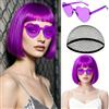 PORSMEER Parrucca corta a caschetto viola e occhiali da sole 30,5 cm dritto colorato parrucca con frangia per donne unisex per costume di Halloween Cosplay festa turismo + cuffia per parrucca
