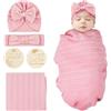 Vicloon Coperta Fasciante, Baby Swaddle Coperta con Fiocco Cappello e Fascia, Morbido Coperta Avvolgente con Carte di legno, Morbido Coperta Avvolgente per Neonati, Regalo per Neonati, Rosa