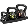 SPORTNOW Set 3 Kettlebell con Manico Liscio Base Piatta e Portapesi, Pesi da Palestra in Plastica e Sabbia, 2.2 kg 4.5 kg 6.8 kg (5lbs 10lbs 15lbs), Nero
