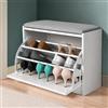 BAKAJI Panca Scarpiera Portascarpe Salvaspazio in Legno Con Anta a Ribalta Tripla Profondità e Seduta in Eco Pelle, Cassapanca Dimensioni 60 x 30 x 48 cm (Bianco Tessuto Grigio)