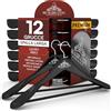 Eurocali 12 Grucce Appendiabiti in Legno Nero a Spalla Larga per Abiti Vestiti Giacche Camicie - RealGruccia con Barra Porta Pantaloni e Gancio Girevole 360° - Finitura Lucida e Profilo Smussato - 24x45cm