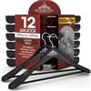 Eurocali 12 Grucce Appendiabiti in Legno Nero a Spalla Larga per Vestiti Abiti Giacche Camicie - RealGruccia con Barra porta Pantaloni con Gancio Girevole 360° - Finitura Lucida e Profilo Smussato - 24x45cm