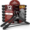 Eurocali 12 Grucce Appendiabiti a Spalla Larga in Legno Nero per Abiti Vestiti Giacche Camicie - Gancio Girevole 360° e Barra Porta Pantaloni RealGruccia - Finitura Lucida e Profilo Smussato - 24x45cm