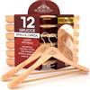 Eurocali 12 Grucce in Legno Naturale Appendiabiti per Giacche Camicie Vestiti Abiti - Spalla Larga RealGruccia con Barra porta Pantaloni e Gancio Girevole 360° - Profilo Smussato e Finitura Lucida - 24x45cm