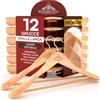Eurocali 12 Grucce Appendiabiti in Legno Naturale per Vestiti Abiti Giacche Camicie - RealGruccia Barra porta Pantaloni e Spalla Larga con Gancio Girevole 360° - Finitura Lucida e Profilo Smussato - 24x45cm
