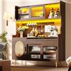 Huayz Armadio da cucina con LED e porta in vetro, stile rustico, credenza per cucina con piani di lavoro, porta scorrevole, grandi cassetti, ante in rattan, parete forata, armadio alto, 145 x 39 x 171 cm