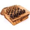 OliveArt Scacchiera in legno di ulivo con un cassetto con 32 pezzi in legno di ulivo finemente intagliato