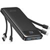 Charmast Power Bank, batteria esterna sottile da 10000 mAh, con 4 cavi e display LED, 6 uscite, piccola ma forte, USB C, batteria esterna per cellulare, compatibile con iPhone 17, 16, 15, 14, 13, 12