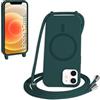 FMPCUON FNPCUON Cover Magnetica Silicone per iPhone 12 Mini con Cordino,Compatibile con MagSafe,Custodia con Laccio Collana Tracolla Collo Sottile TPU Antiurto Protettiva Case con Corda.Verde