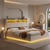 HYTKKBD Letto Imbottito 140x190 cm, Letto Matrimoniale LED con Contenitore e Rete a Doghe, Testiera con Vano Portaoggetti e Funzione di Ricarica USB, Letti Baule Idraulico, Senza Materasso, Bianco