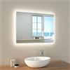 EMKE Specchio da bagno a LED, 90 x 70 cm, con illuminazione, luce bianca fredda, specchio cosmetico con illuminazione, specchio da parete con interruttore touch, antiappannamento, orologio IP44