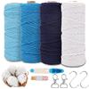 RANJIMA Macrame Corda, Set di 4 Pezzi Corda Macrame 3mmx50m con Accessori Macramè Cotone Kit Macrame per Arazzi Appendere Piante e Decorazioni Filo Cotone Grosso per Matrimoni DIY,Blu