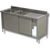 Ristoattrezzature Lavello Armadiato in Acciaio Inox - Professionale, per Cucine Ristoranti e Pizzerie - 2 Vasche, Gocciolatoio a Dx e 2 Porte Scorrevoli - 180x60x85h cm