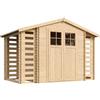 TIMBELA M391F Casetta da Giardino in Legno per Esterni con legnaia - L206xL328xA218 cm/ 3,53 + 0,97+0,97 m2 - Piccola Casetta in Legno, Rimessa Attrezzi, Deposito Bici