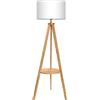 tomons Lampada da Terra in Legno Treppiede, con Ripiano e Lampadina E27 8W, Paralume in Tessuto Bianco, stile scandinavo per Soggiorno, Camera