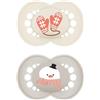 MAM Original Winter Limited Edition Succhietto 6+ Mesi (Set da 2), Ciuccio MAM 6-16 mesi a tema invernale e natalizio, Regalo neonato con tettarella in silicone e porta ciuccio sterilizzatore, Neutro