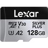 Lexar Silver Plus - Scheda di memoria Micro SD + adattatore, scheda micro SDXC TF fino a 205 MB/s, A2, U3, classe 10, V30, Full HD e 4K UHD per fotocamera, telefono, interruttore (Silver Plus, 128GB)