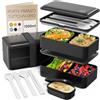 Umami Porta Pranzo Adulti Ermetico, Bento Box con Scomparti e 4 Posate | 1200 ml, microonde e lavastoviglie, impilabile, ideale per ufficio, picnic, meal prep, lunch box Nero Opaco
