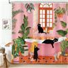hometrixx Boho Tenda da Doccia Gatto Nero 180x180 cm Vintage Carino Rosa Bagno Piante Verdi Tropicali Poliestere Impermeabile Tenda Vasca da Bagno con 12 Ganci Lavabile in Lavatrice per Casa Hotel