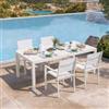 DEGHI Set pranzo bianco con tavolo 200/300x100 cm e 4 sedie con braccioli textilene e alluminio - Carioca