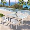 DEGHI Set pranzo bianco con tavolo 200/300x100 cm top vetro e 4 sedie con braccioli textilene e alluminio - Carioca