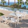 DEGHI Set pranzo bianco con tavolo 135/270x90 cm top vetro e 4 sedie con braccioli textilene e alluminio - Carioca