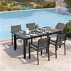 DEGHI Set pranzo antracite con tavolo 180/240x90 cm top vetro e 4 sedie con braccioli textilene e alluminio - Carioca