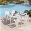 DEGHI Set pranzo bianco con tavolo 180/240x90 cm top vetro e 4 sedie con braccioli textilene e alluminio - Carioca