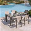 DEGHI Set pranzo tortora con tavolo 180/240x90 cm top vetro e 4 sedie con braccioli textilene e alluminio - Carioca