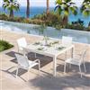 DEGHI Set pranzo bianco con tavolo 136x136 cm e 4 sedie con braccioli tondi textilene e alluminio - Carioca