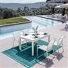 DEGHI Set pranzo bianco con tavolo 135/270x90 cm e 4 sedie con braccioli tondi textilene e alluminio - Carioca