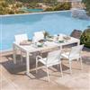 DEGHI Set pranzo bianco con tavolo 200/300x100 cm e 4 sedie con braccioli tondi textilene e alluminio - Carioca