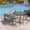 DEGHI Set pranzo tortora con tavolo 200/300x100 cm e 4 sedie con braccioli tondi textilene e alluminio - Carioca