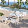 DEGHI Set pranzo bianco con tavolo 135/270x90 cm top vetro e 4 sedie con braccioli tondi textilene e alluminio - Carioca