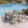 DEGHI Set pranzo tortora con tavolo 180/240x90 cm top vetro e 4 sedie con braccioli tondi textilene e alluminio - Carioca