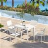 DEGHI Set pranzo bianco con tavolo 105/210x75 cm e 4 sedie con braccioli in alluminio a doghe - Carioca