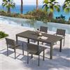 DEGHI Set pranzo tortora con tavolo 200/260/320x100 cm e 4 sedie con braccioli in alluminio a doghe - Carioca